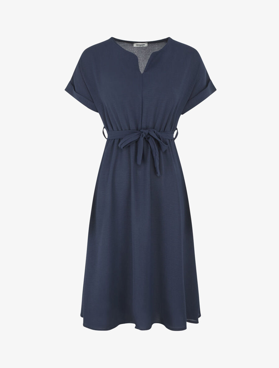 Robe longue unie élastiquée à manches courtes - Marine - 1