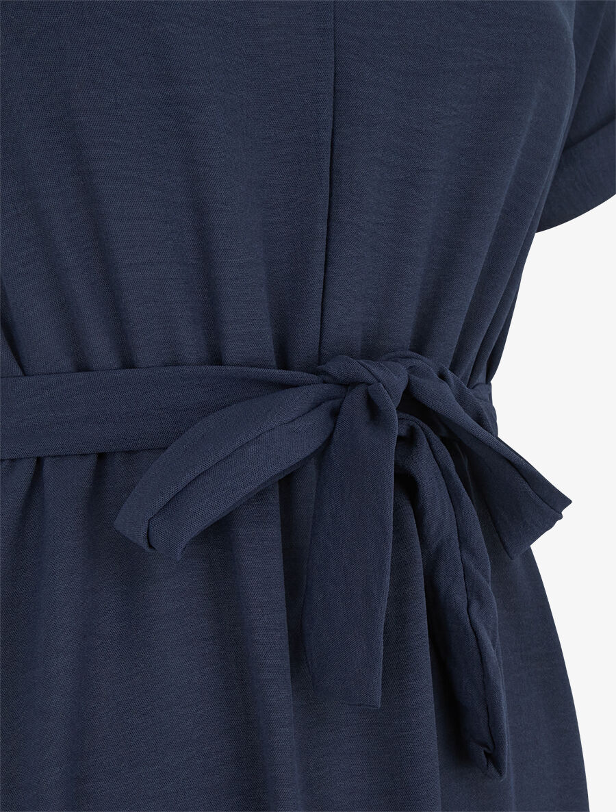 Robe longue unie élastiquée à manches courtes - Marine - 3