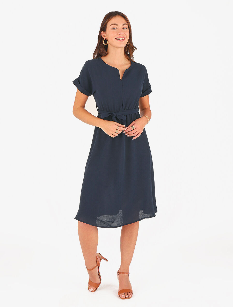 Robe longue unie élastiquée à manches courtes - Marine - 4