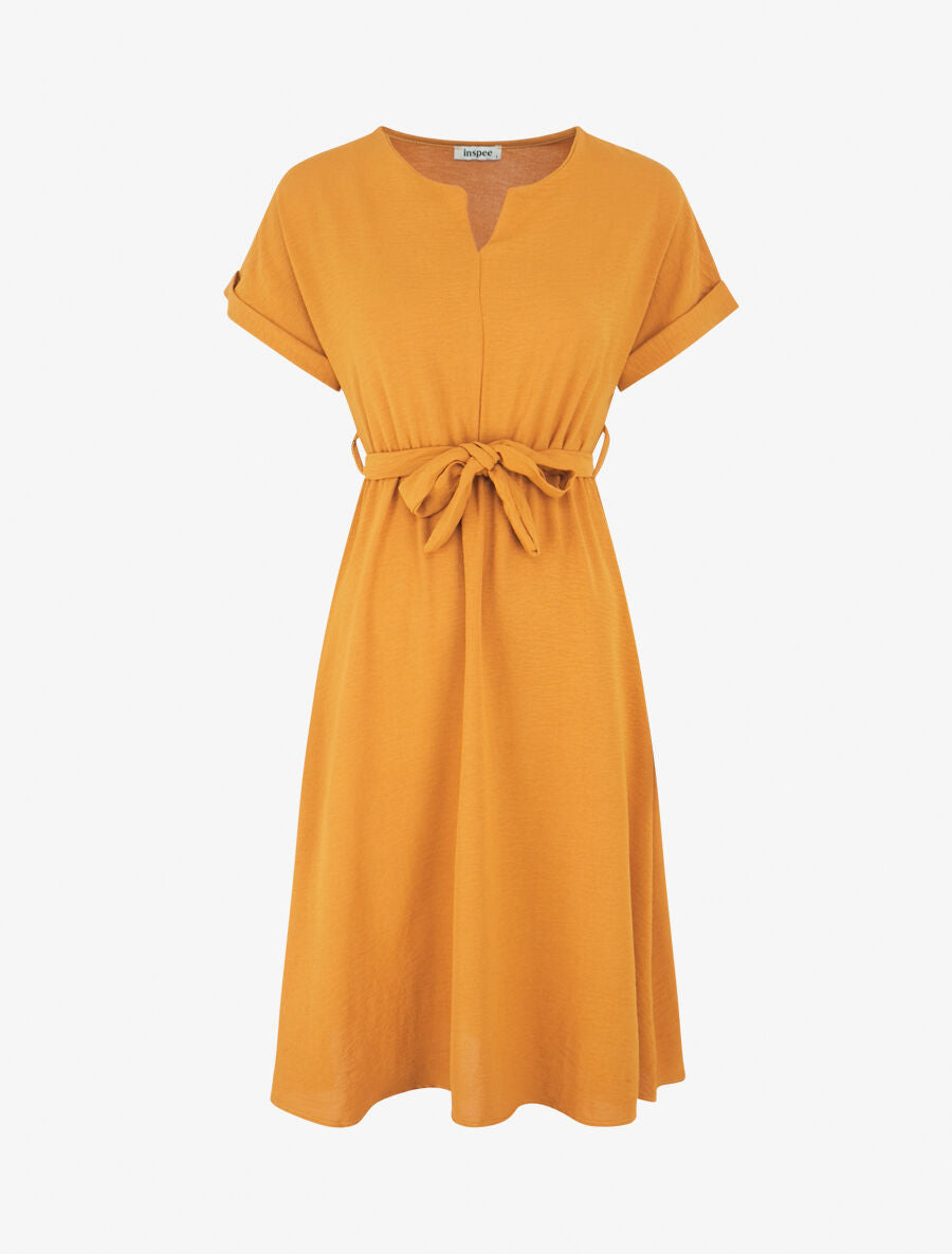 Robe longue unie élastiquée à manches courtes - Jaune moutarde - 1