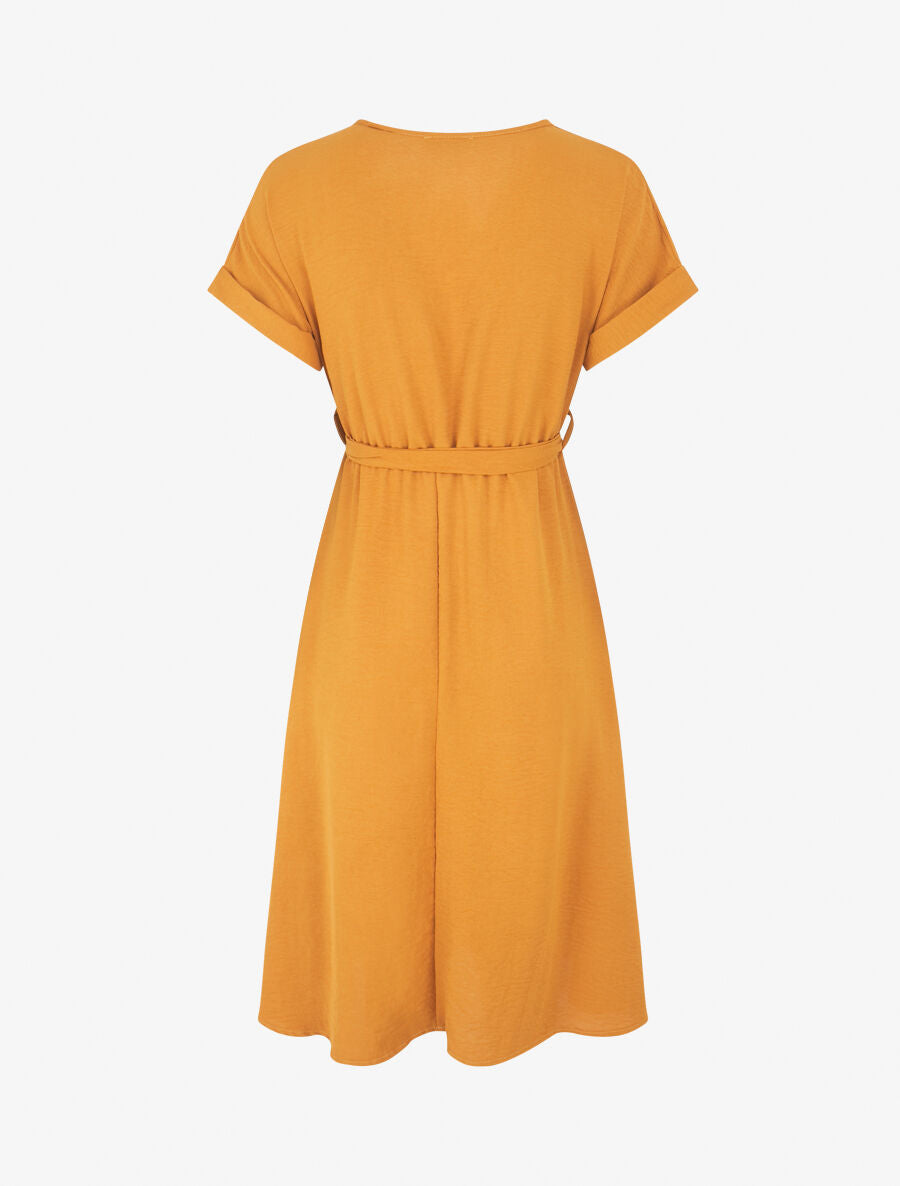 Robe longue unie élastiquée à manches courtes - Jaune moutarde - 2