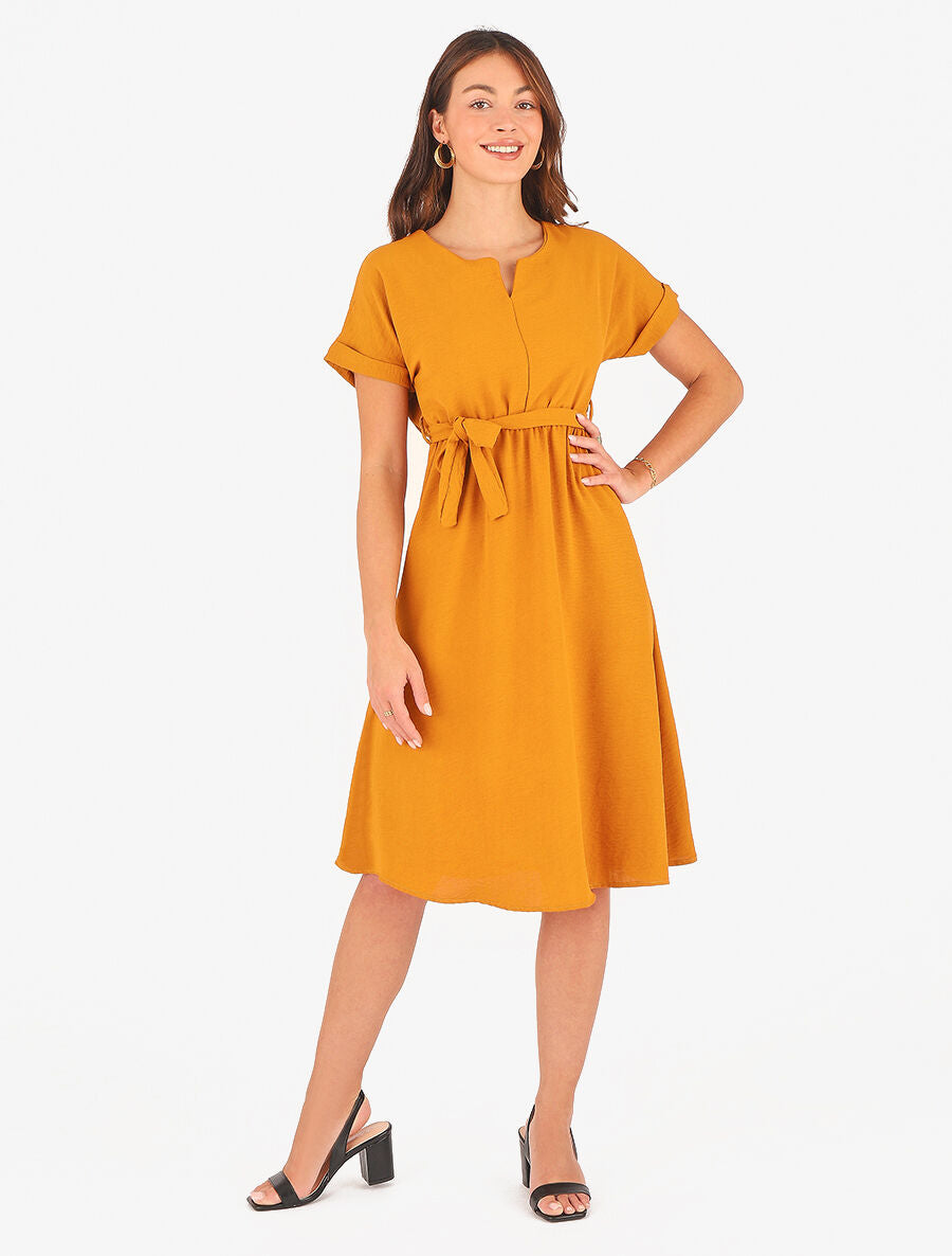 Robe longue unie élastiquée à manches courtes - Jaune moutarde - 4