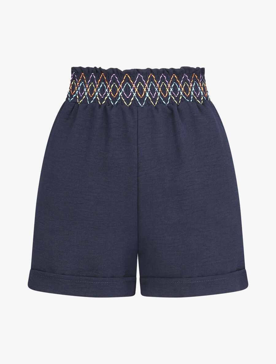 Short élastiqué uni à revers - Marine - 1
