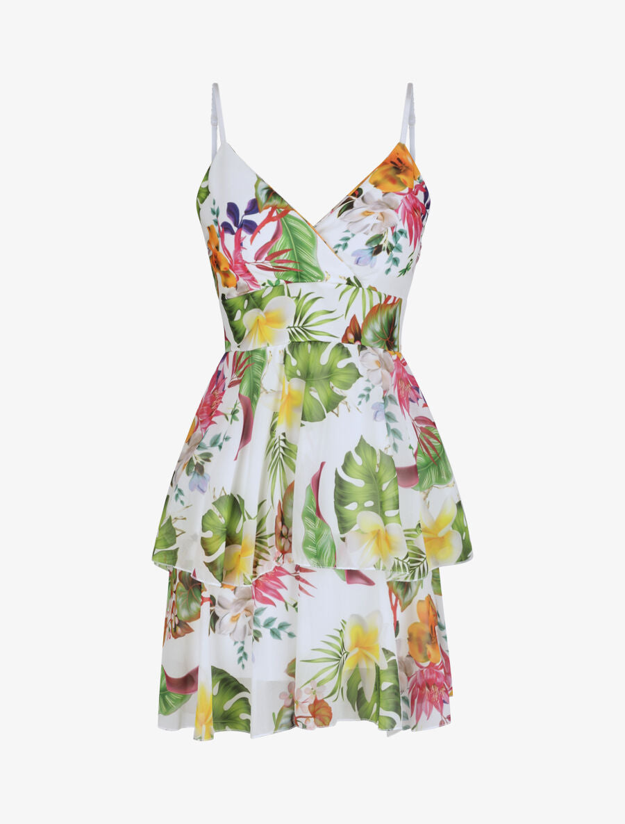 Robe patineuse courte à volants imprimé tropical - Blanc - 5