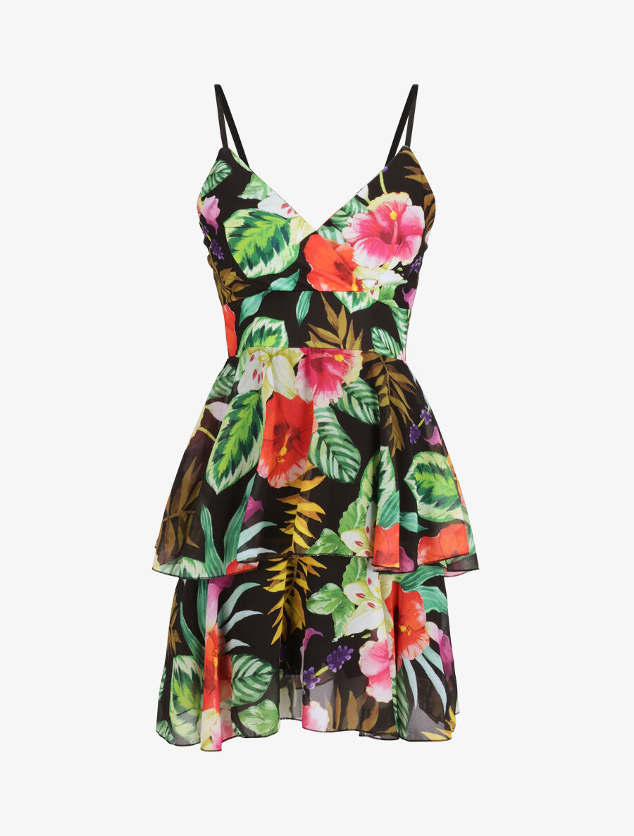 Robe patineuse courte à volants imprimé hibiscus - Noir - 5