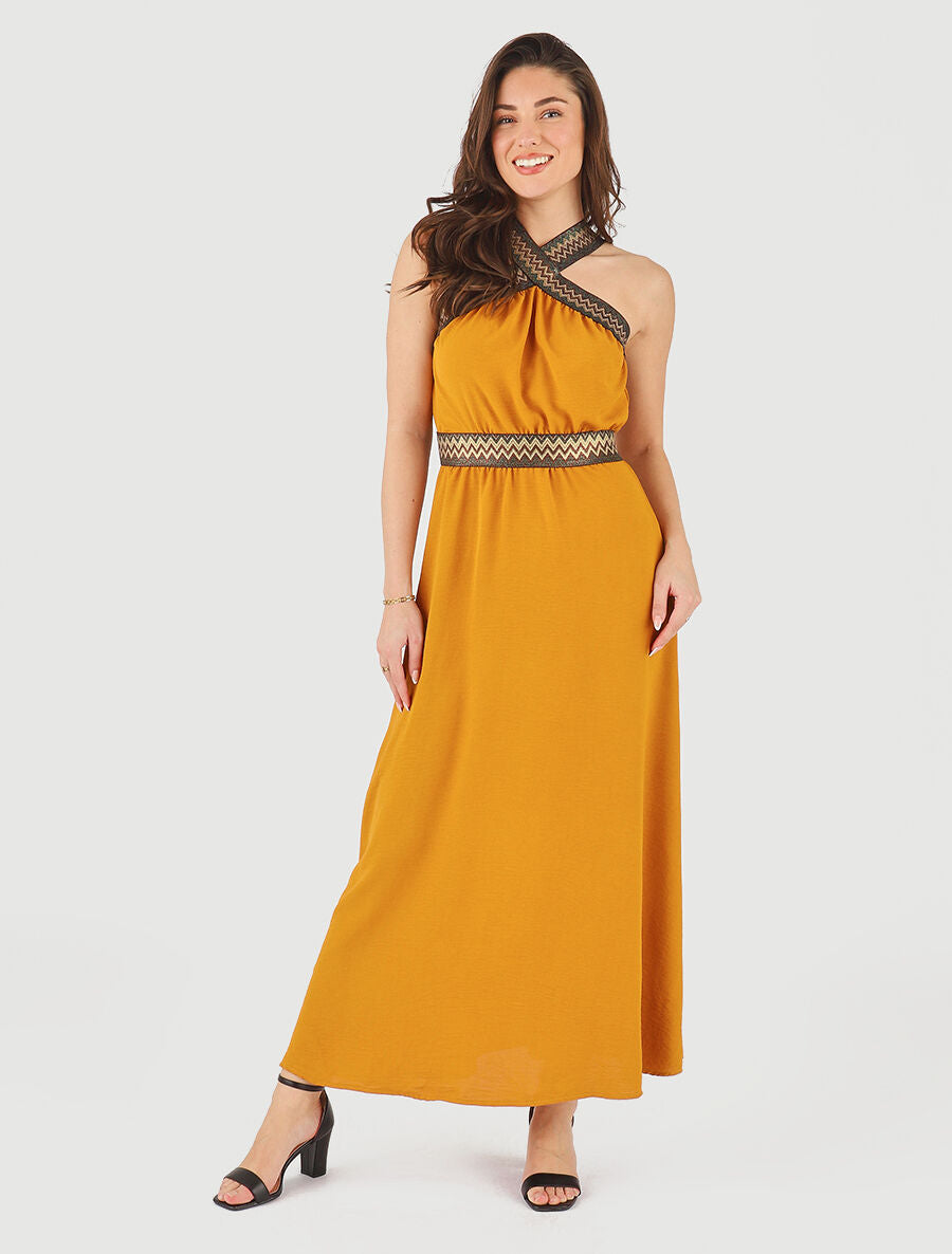 Robe longue unie col américain fantaisie - Moutarde - 4