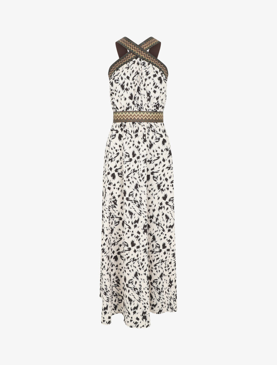 Robe longue imprimé fantaisie à larges bretelles croisées - Crème - 1