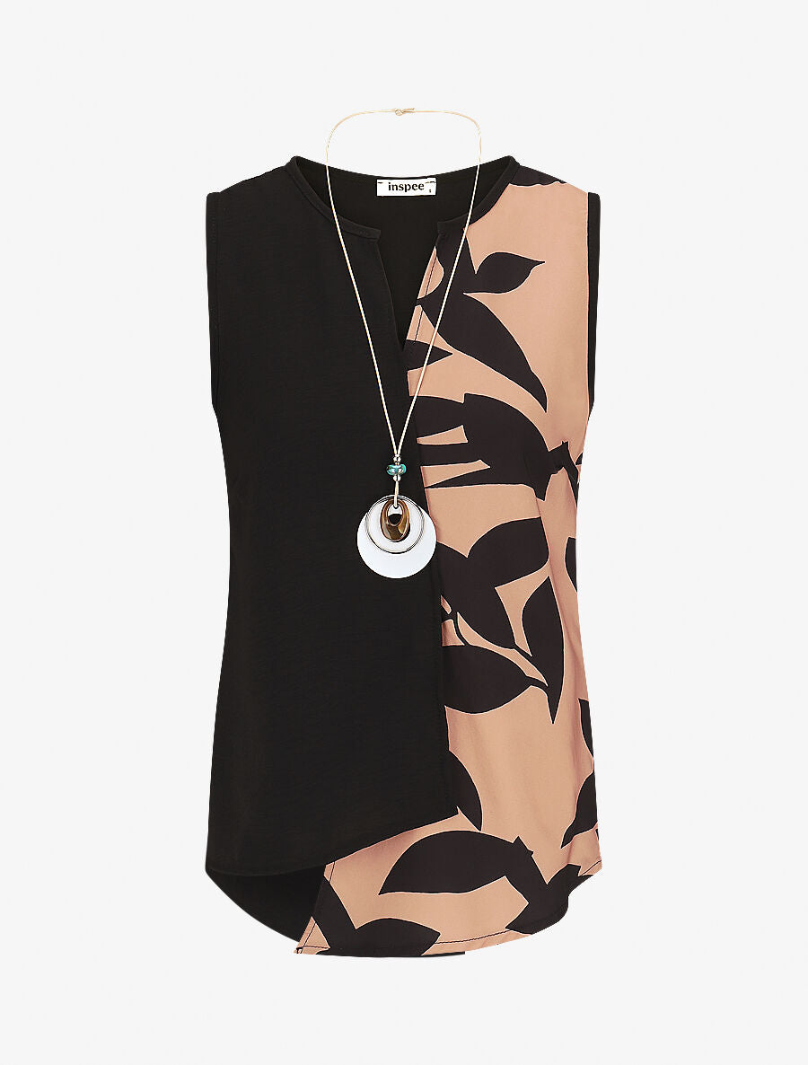 Top sans manches asymétrique imprimé feuilles - Beige rosé - 1