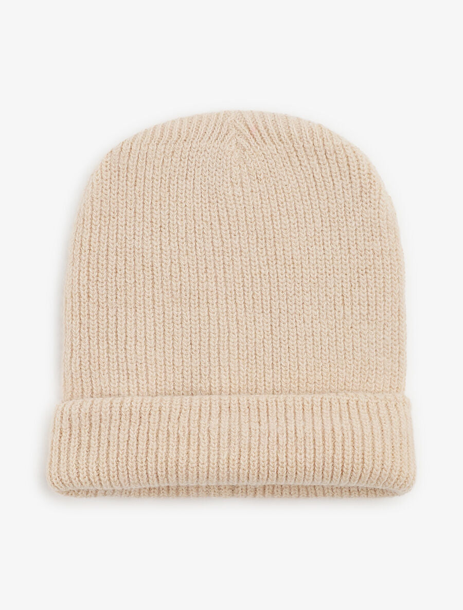 Bonnet uni en maille côtelée - Beige - 3