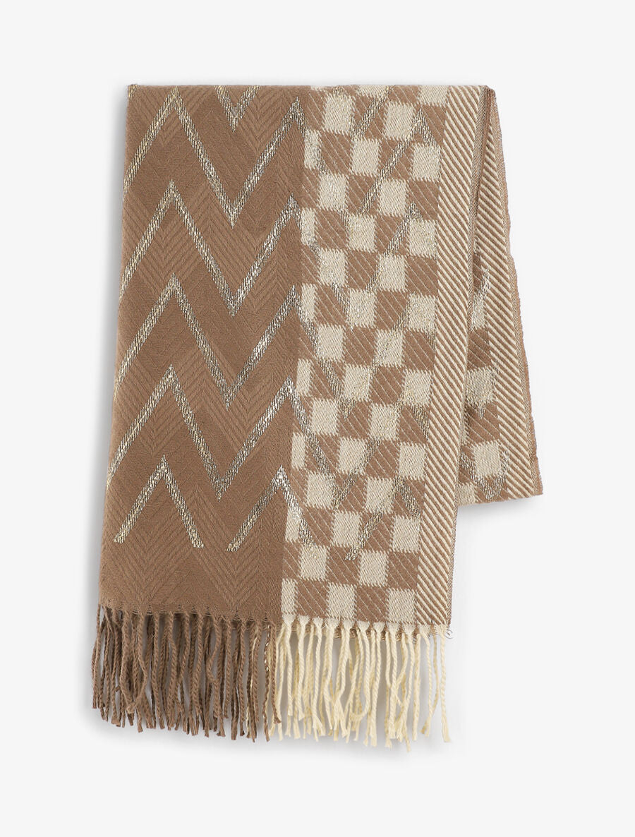 Echarpe en laine mélangée imprimé damiers et zigzag - Taupe - 2