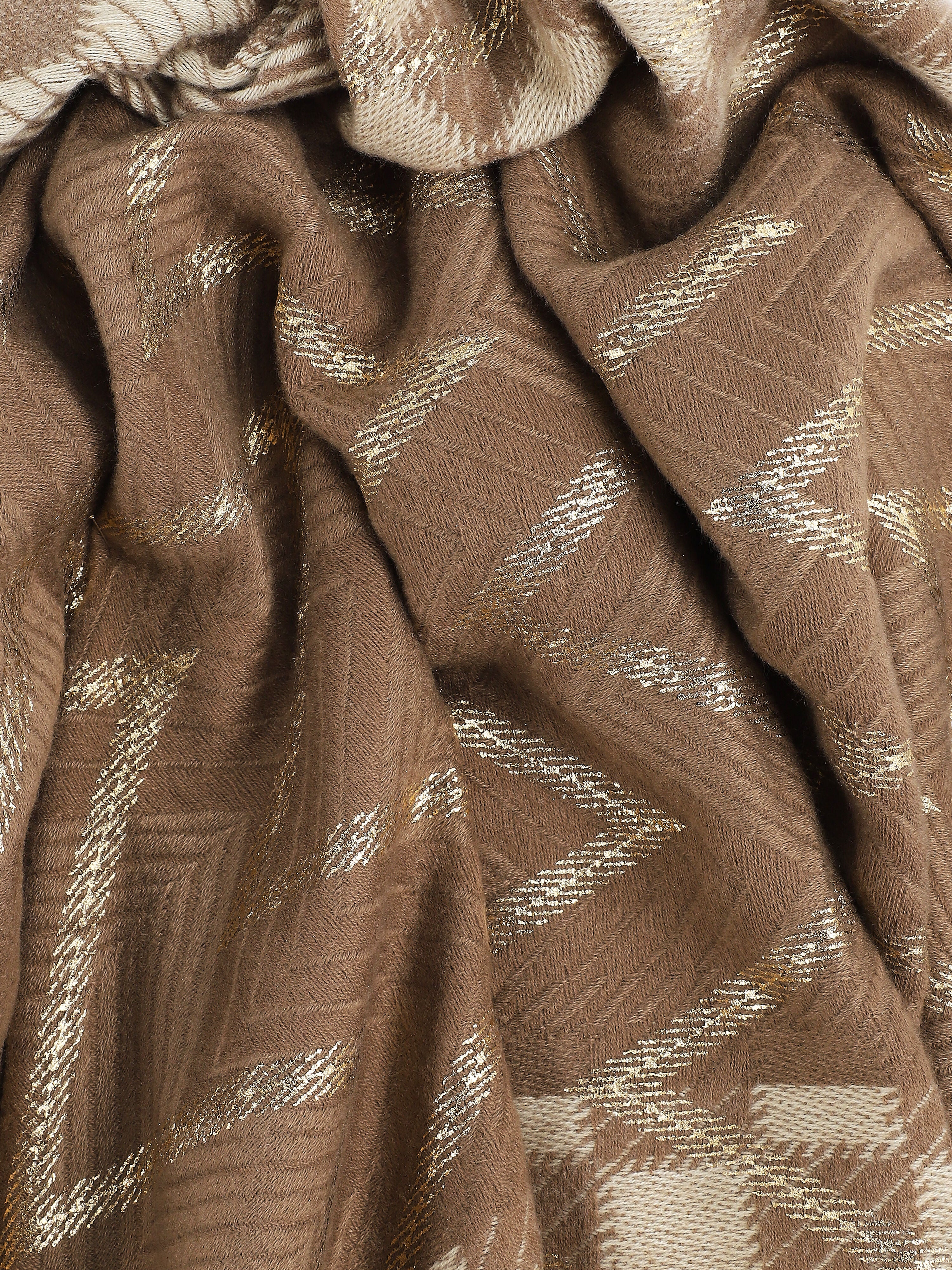 Echarpe en laine mélangée imprimé damiers et zigzag - Taupe - 3