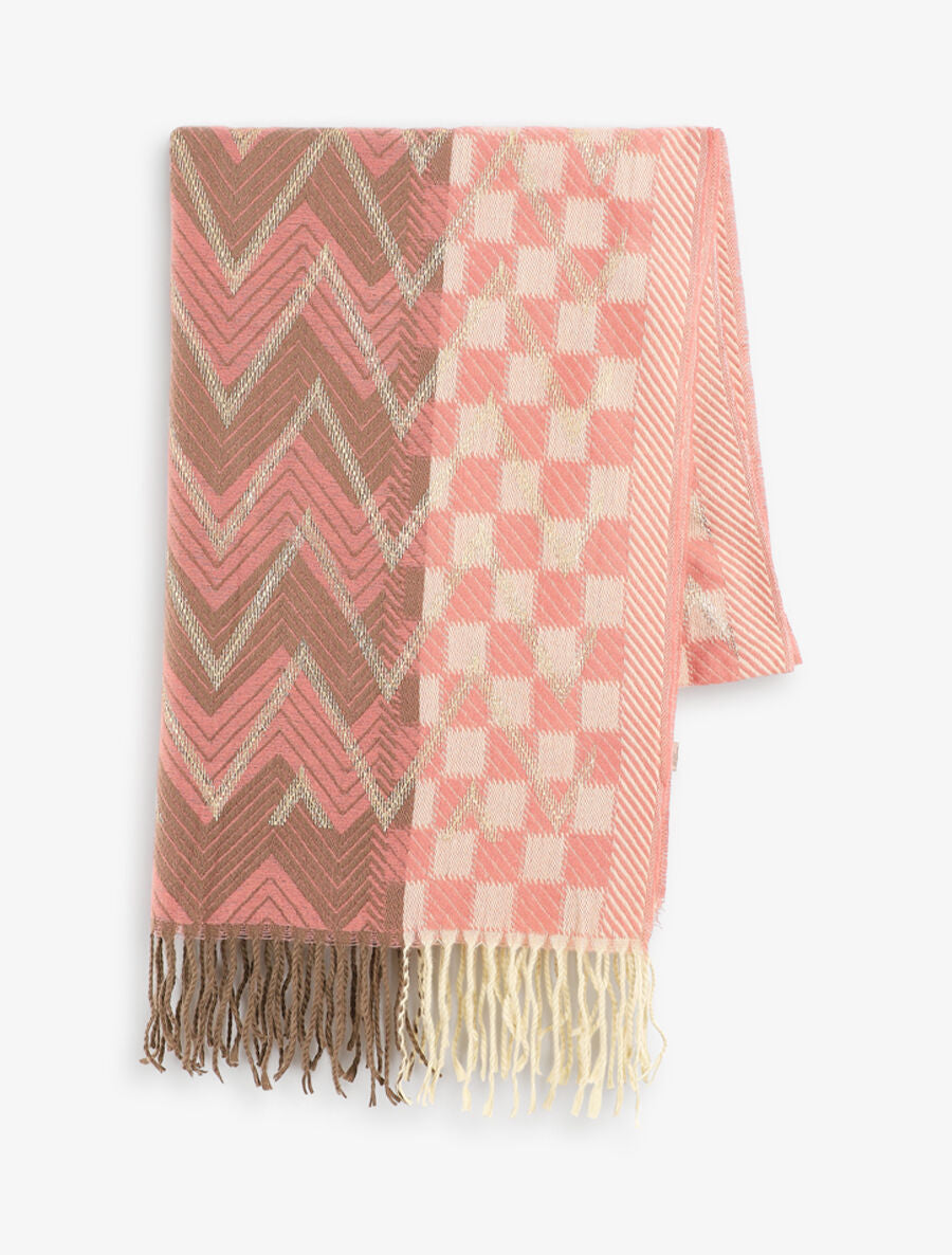 Echarpe en laine mélangée imprimé damiers et zigzag - Rose - 2