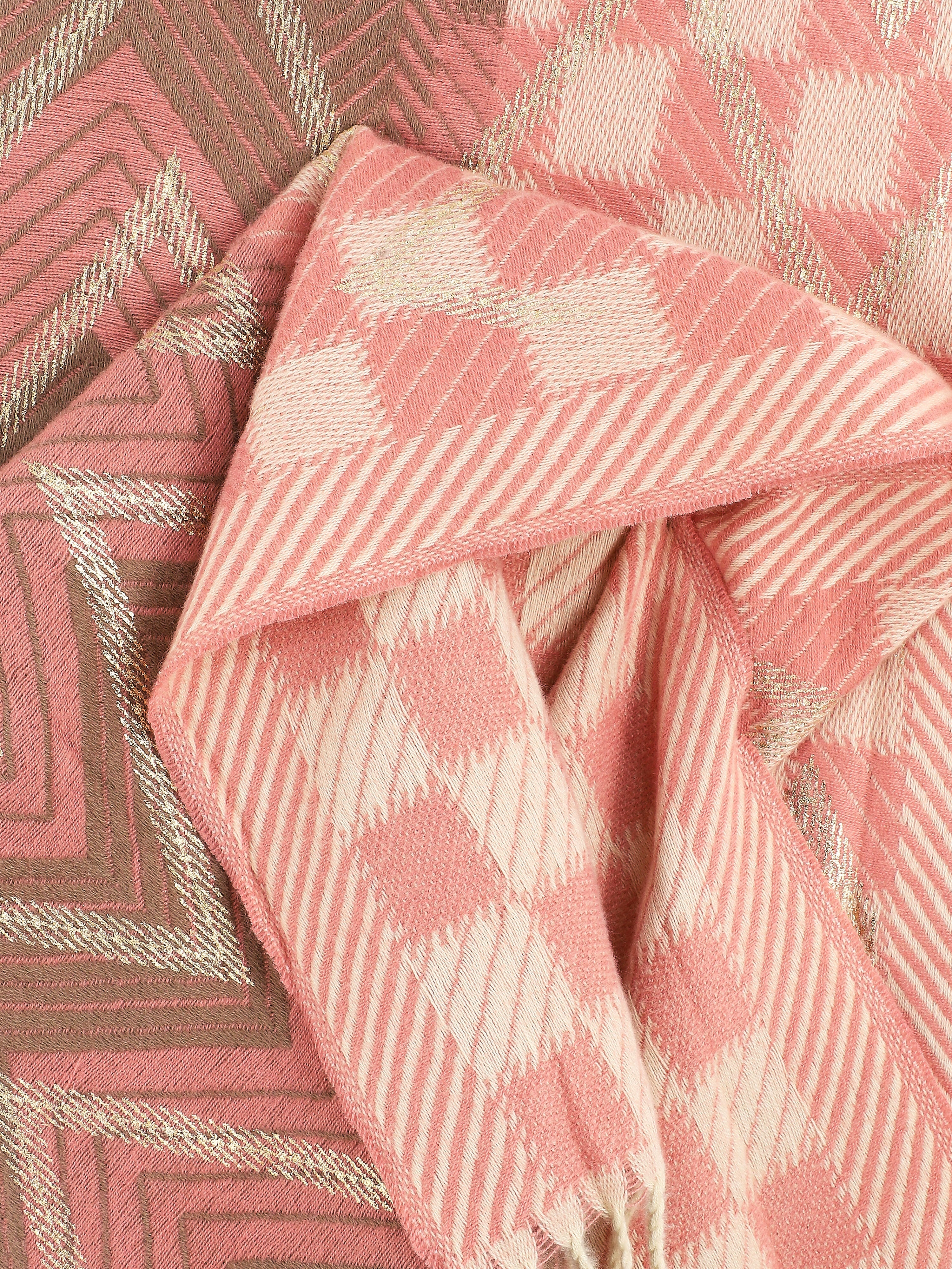 Echarpe en laine mélangée imprimé damiers et zigzag - Rose - 3