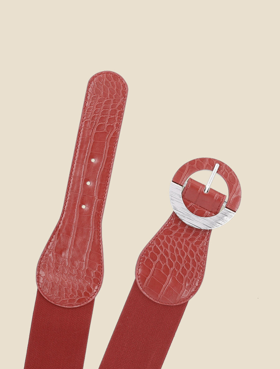 Ceinture effet croco à boucle ronde - Rouge - 2