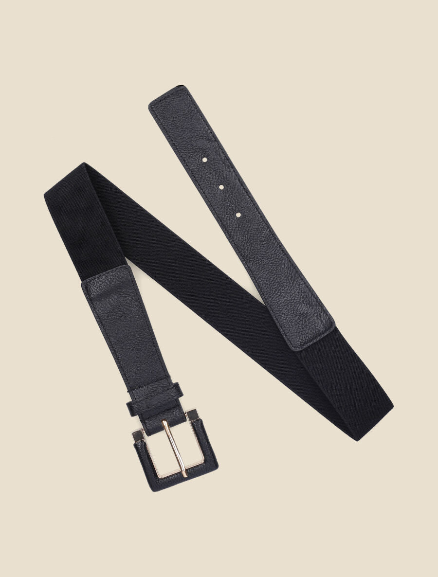 Ceinture stretch et nacrée à boucle carrée - Noir - 1
