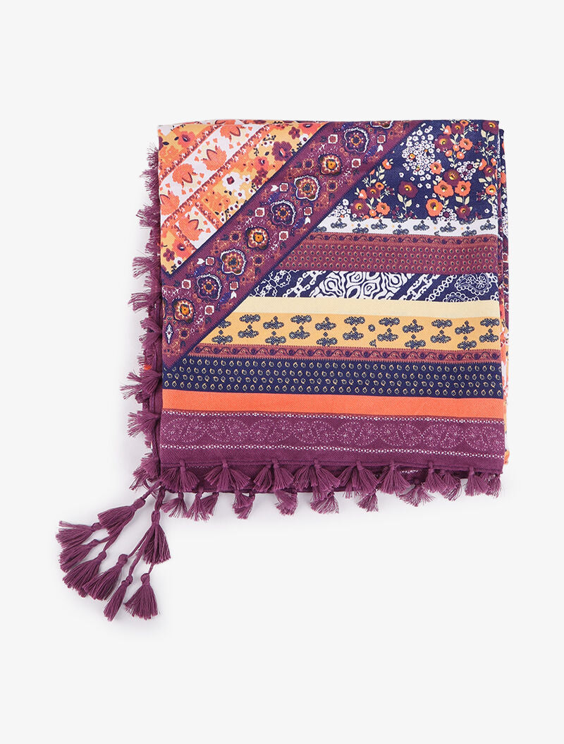 Foulard à imprimé patchwork fleuri et bords à pompons - Violet - 2