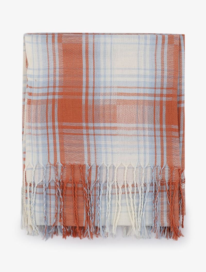 Foulard à imprimé à carreaux et bords à franges - Bleu clair - 2