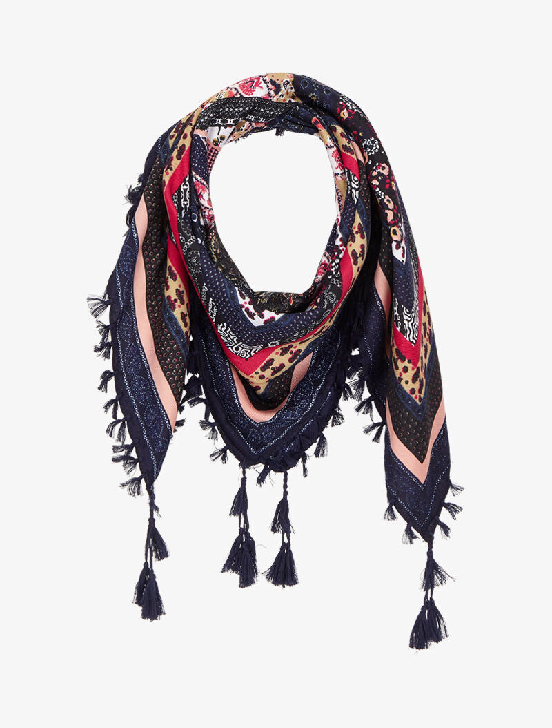 Foulard carré à imprimé patchwork à fleurs et bords à pompons - Bleu marine - 1
