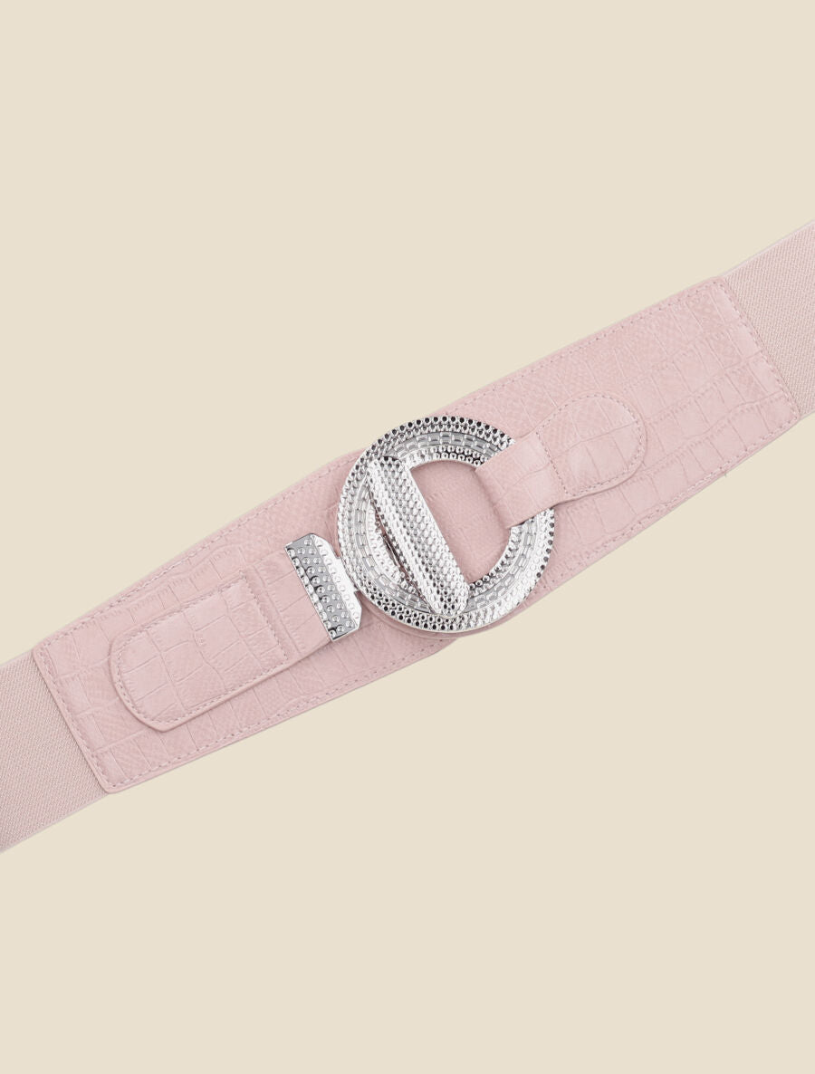 Ceinture bi-matière imprimé croco et boucle ronde - Rose - 2