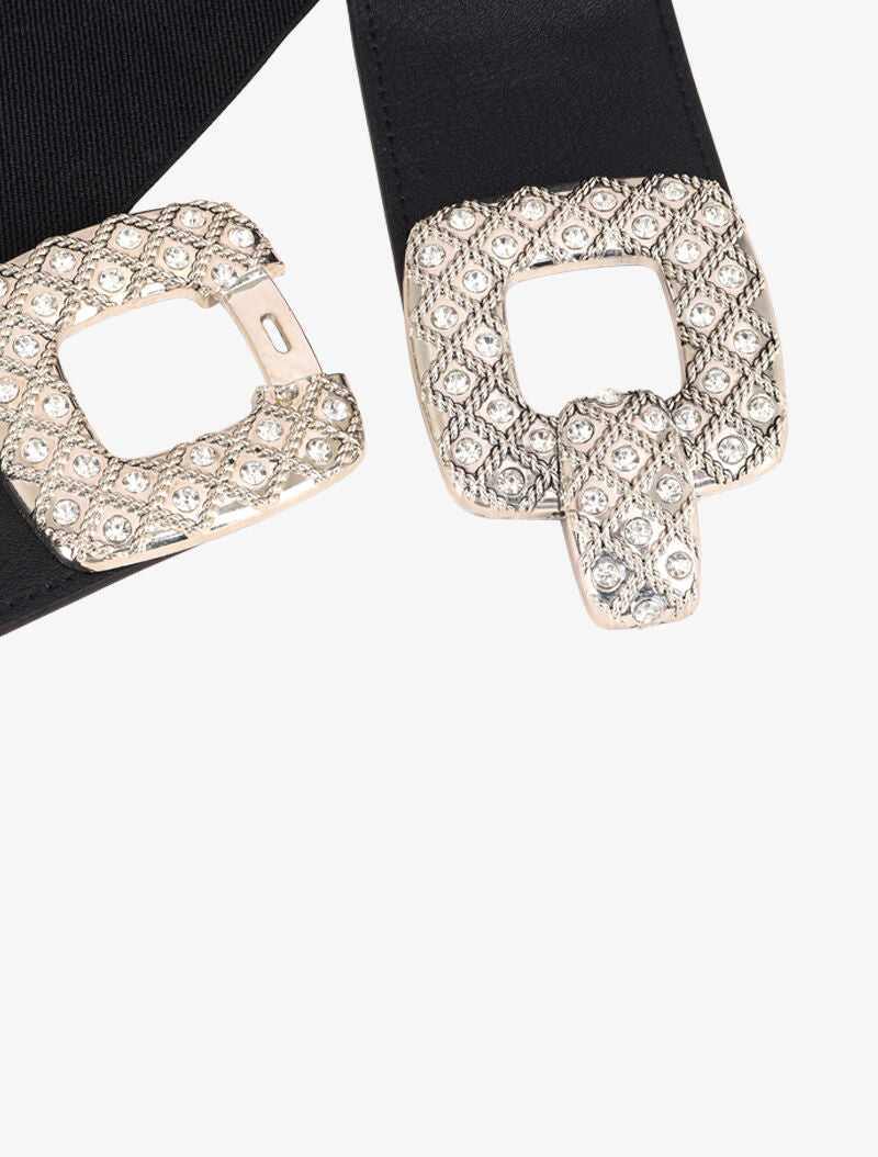 Ceinture élastiquée à boucle carrée à strass - Noir/argenté - 2