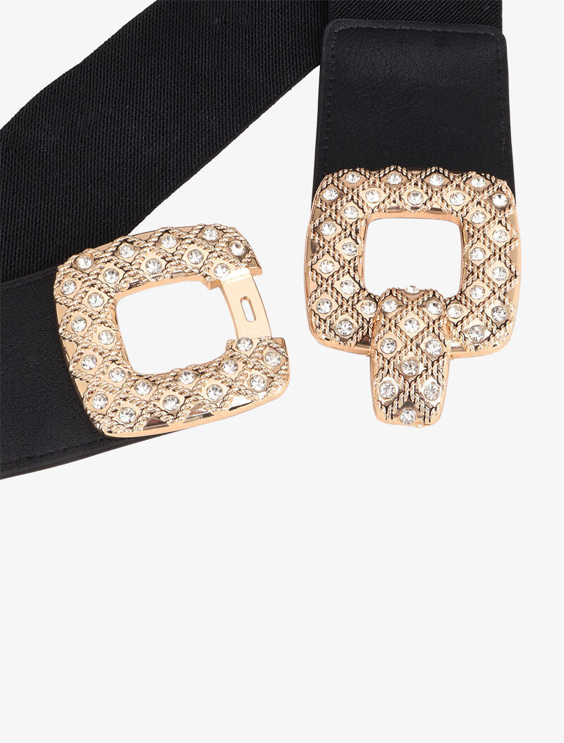 Ceinture élastiquée à boucle carrée à strass - Noir/doré - 2
