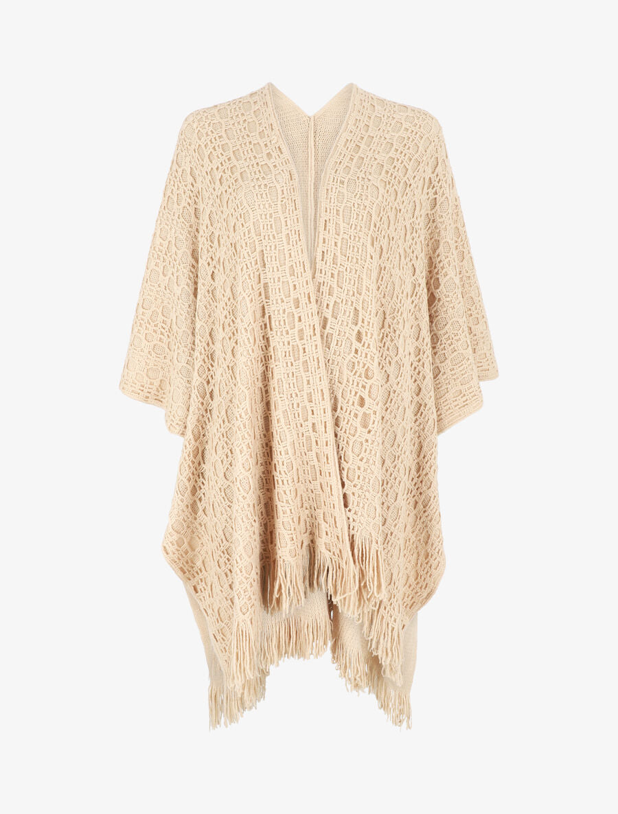Châle en maille fantaisie à franges - Beige - 4