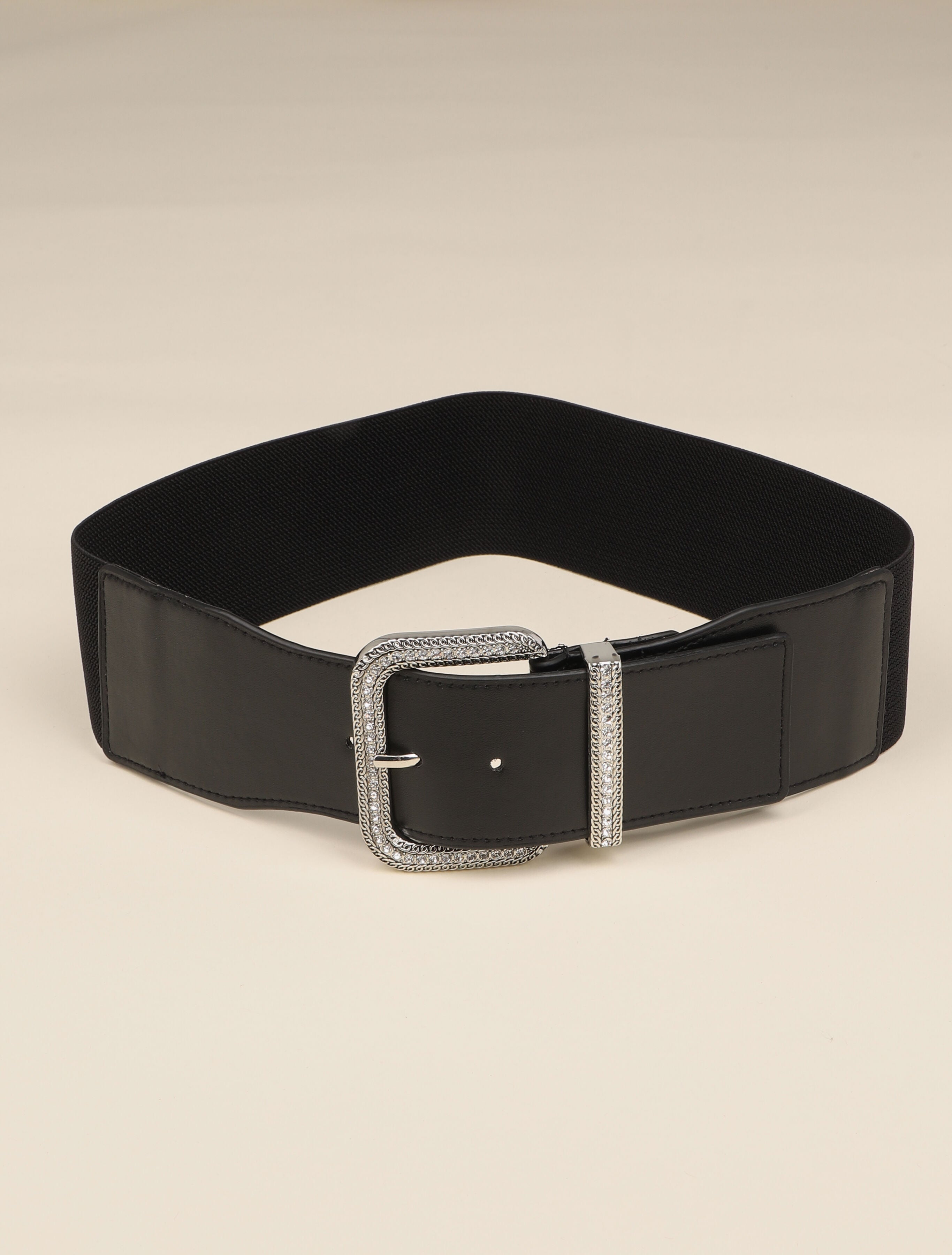 Ceinture élastiquée à boucle carrée strassée - Noir/argentée - 2