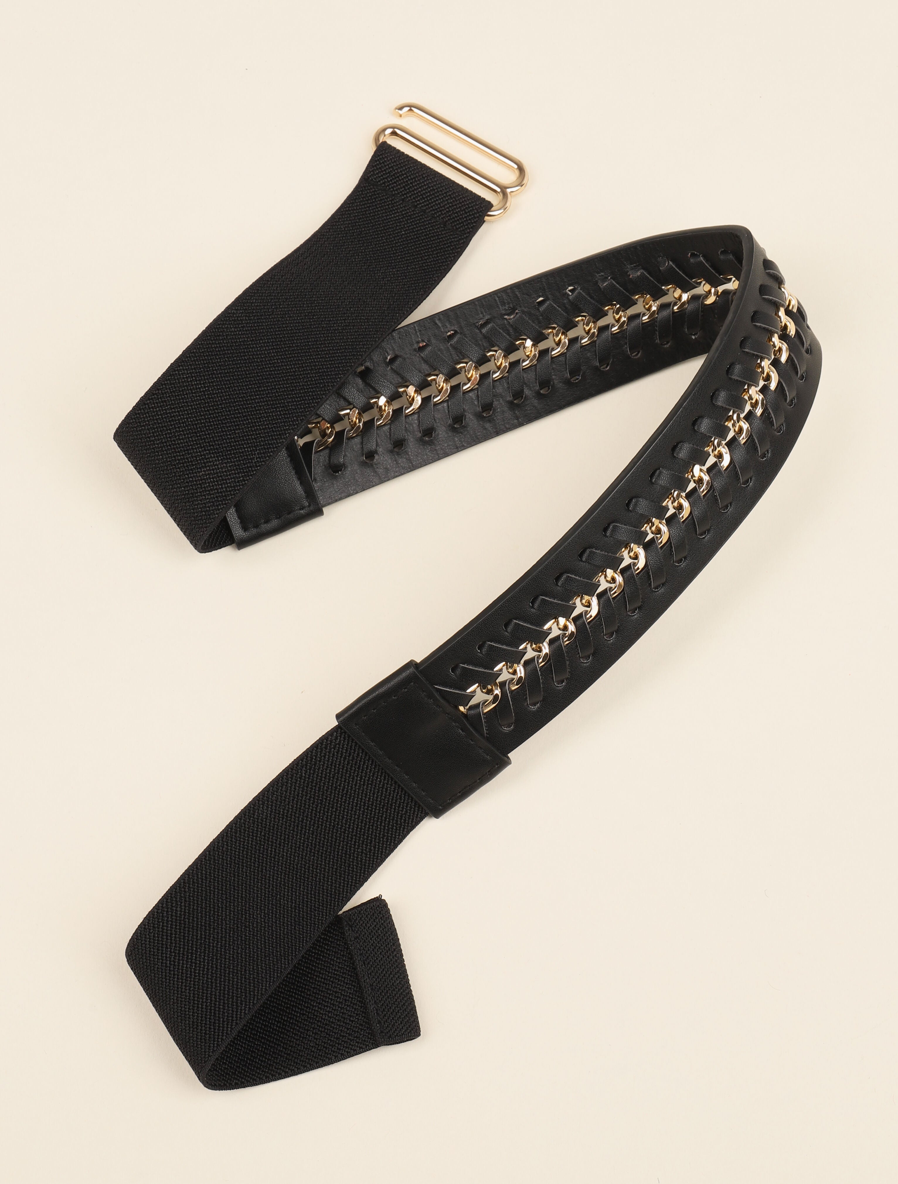 Ceinture élastiquée en macramé et chaîne - Noir/dorée - 2