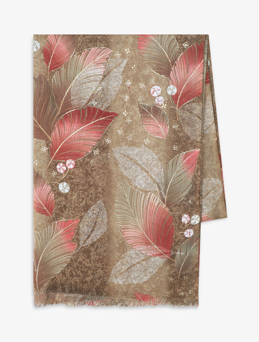 Echarpe motif feuilles à franges - Taupe - 2