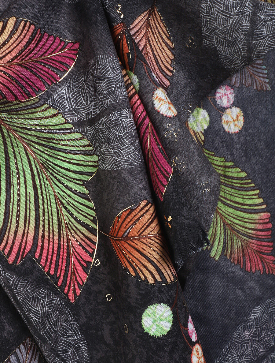 Echarpe motif feuilles à franges - Noir - 3