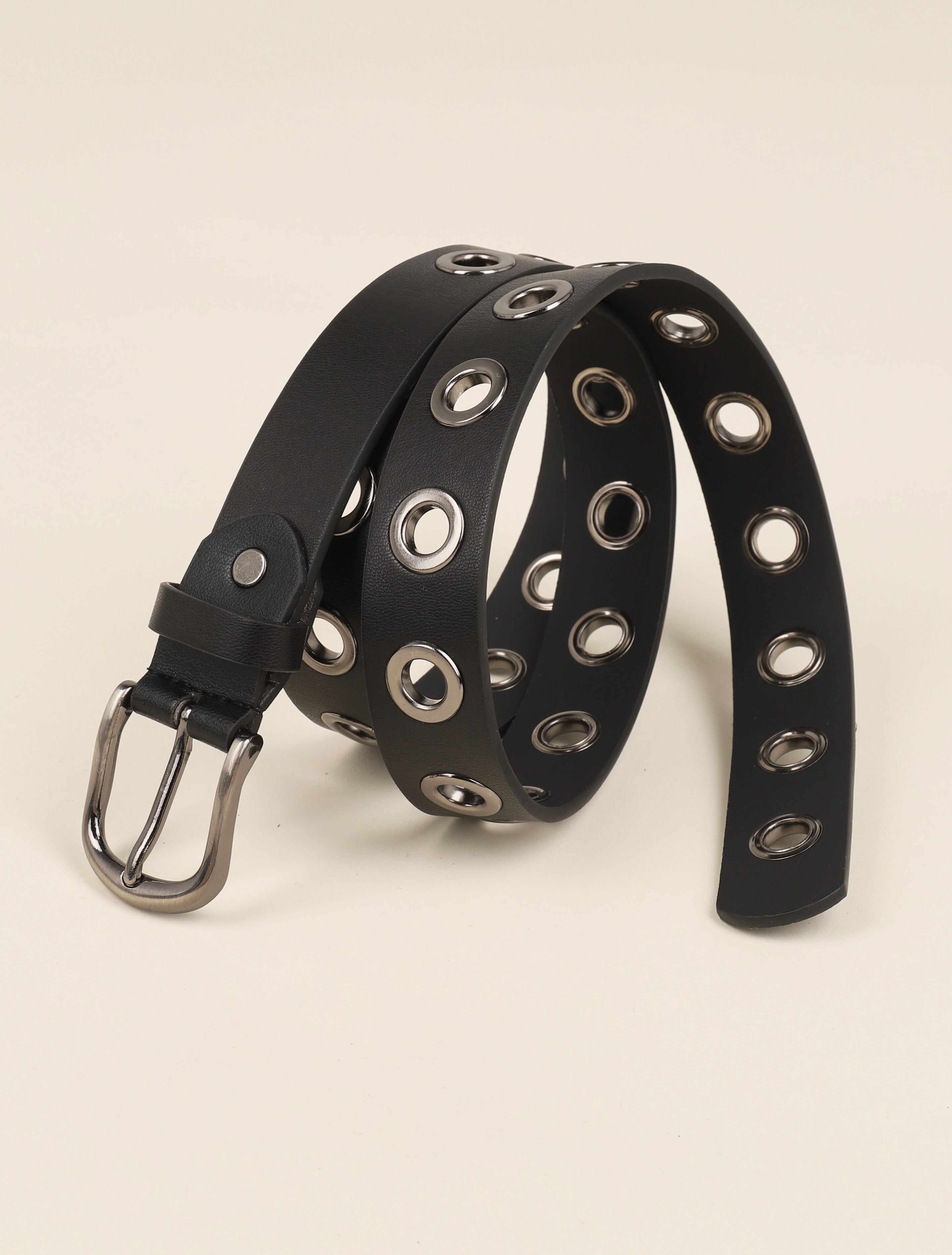 Ceinture à oeillets en simili - Noir/argentée - 2