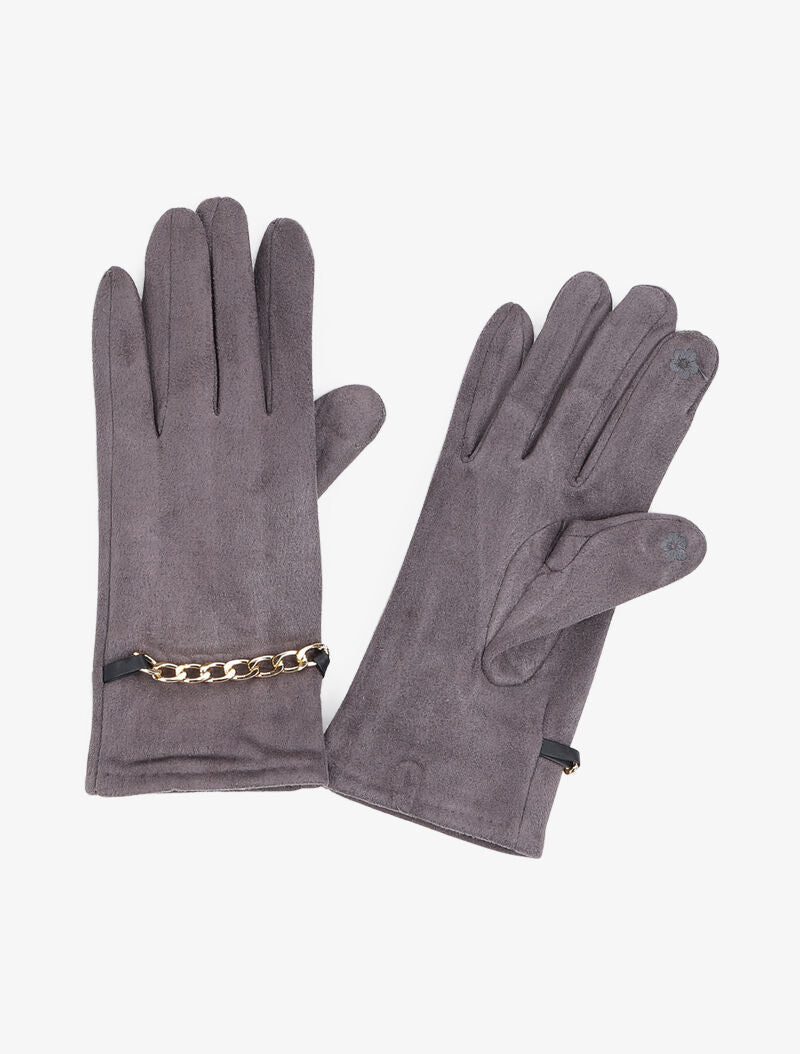 Gants en suédine à détail chaîne - Gris - 1