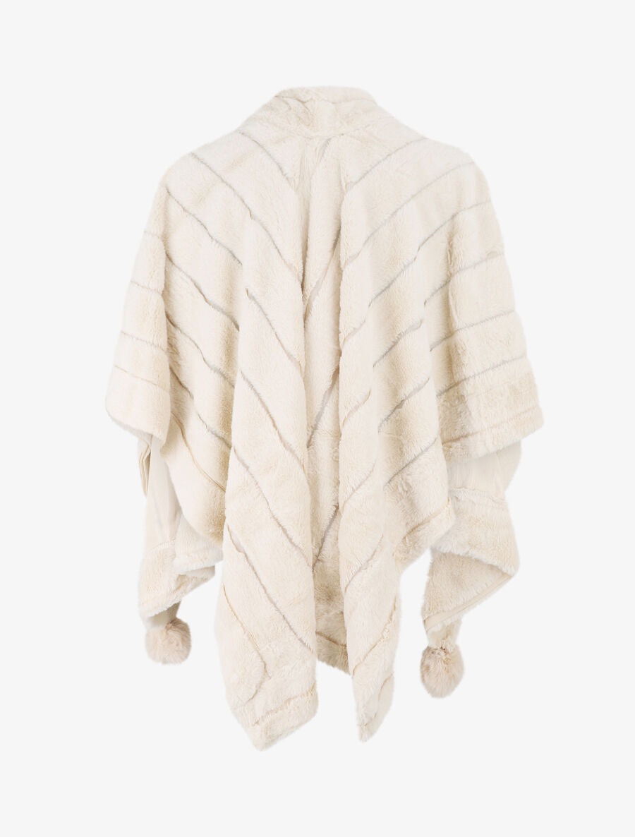 Châle en fourrure synthétique à pompons - Beige - 2