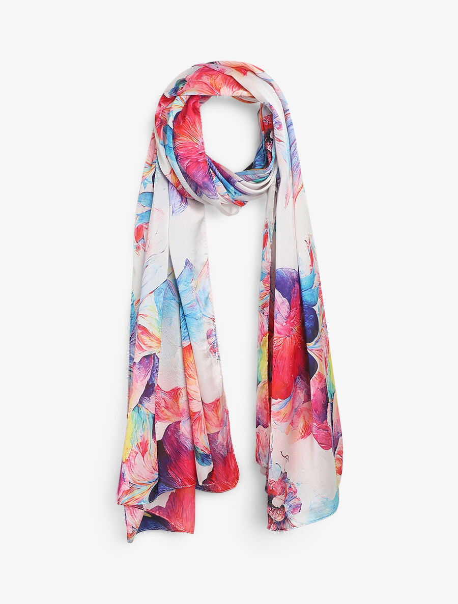 Foulard imprimé grandes fleurs en soie mélangé - Blanc/rose - 1