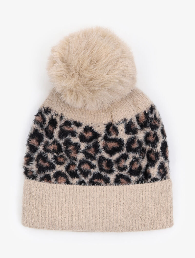 Bonnet à pompon imprimé léopard - Beige - 3