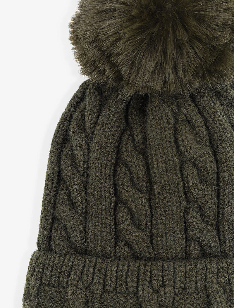 Bonnet en maille tressée à pompon - Kaki - 2