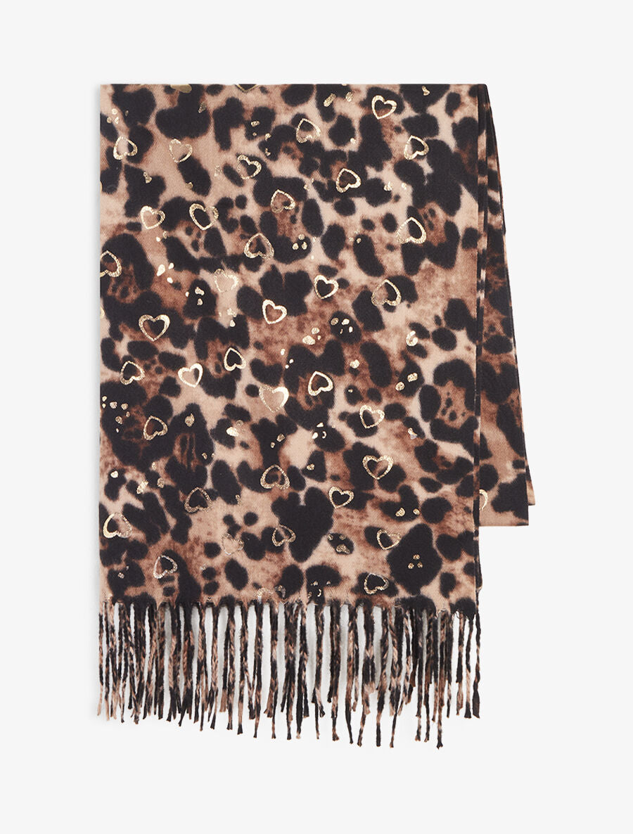 Foulard épais imprimé léopard et cœurs nacrés - Beige - 2