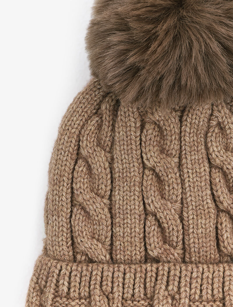 Bonnet en maille tressée à pompon - Taupe - 2