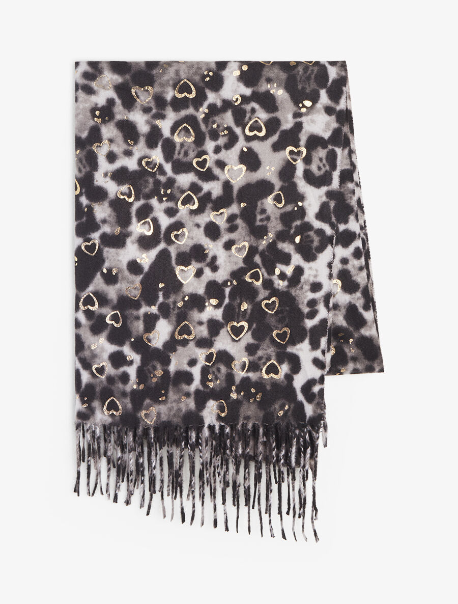 Foulard épais imprimé léopard et cœurs nacrés - Gris - 2