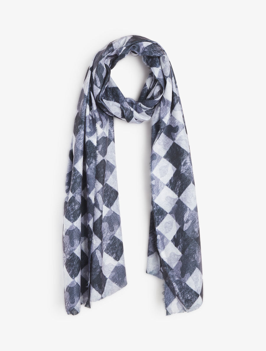 Foulard imprimé graphique et bords effilochés - Noir - 1