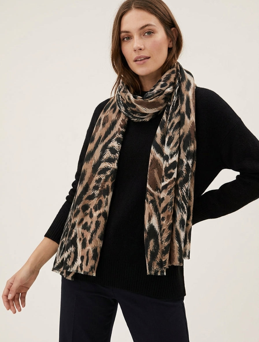 Bufanda de mezcla de lana con estampado de leopardo - Camello