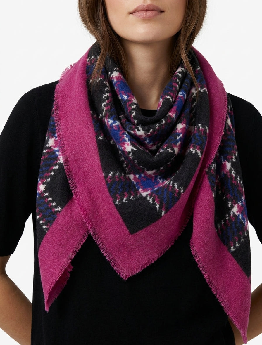 Pañuelo estampado a cuadros con bordes deshilachados - Fucsia
