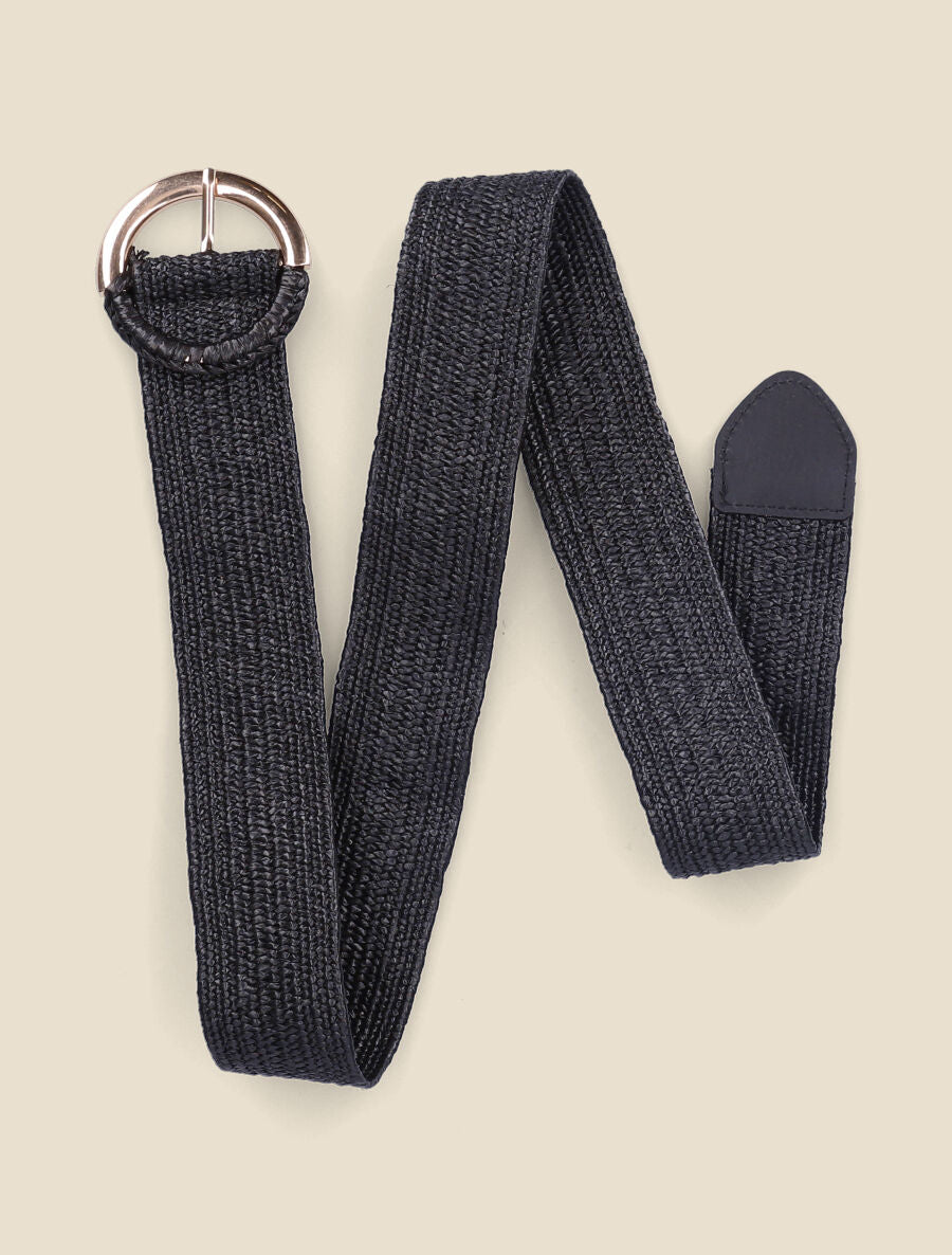 Ceinture en raphia à boucle ronde bimatière - Noir - 2