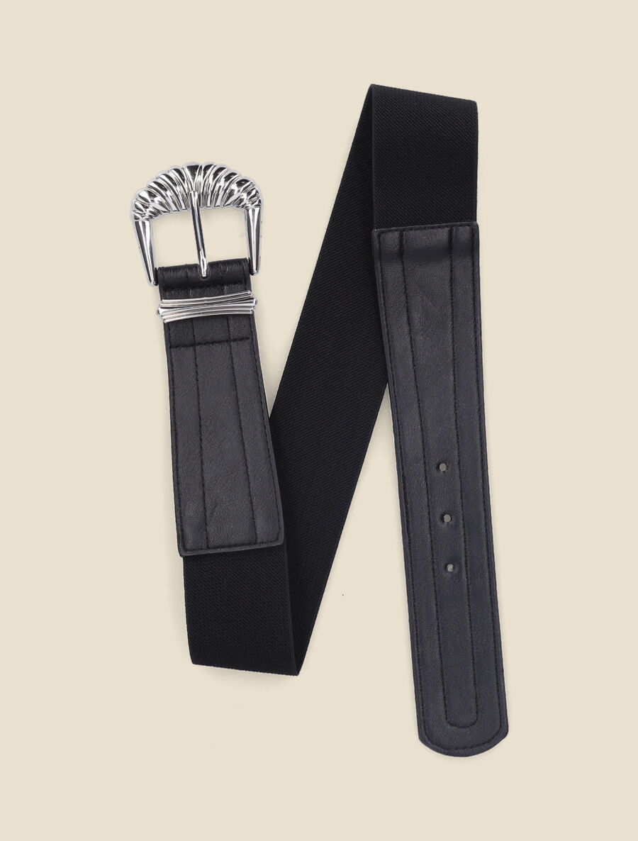 Ceinture bi-matière à boucle style coquillage - Noir - 2