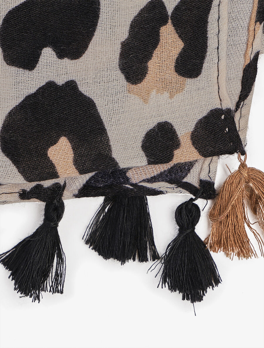 Echarpe à imprimé léopard et pampilles - Beige - 3