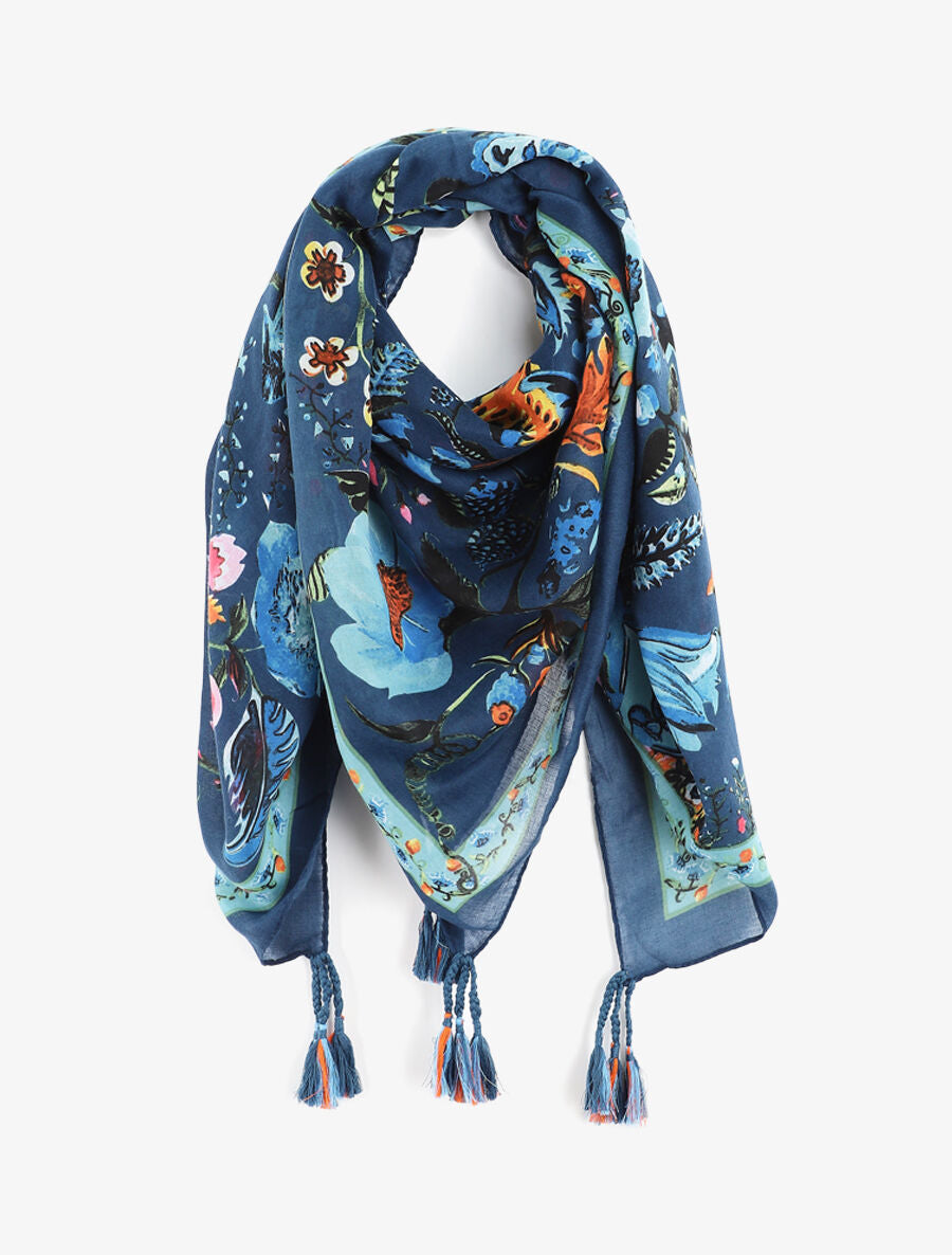 Foulard à imprimé fleuri et pampilles - Bleu - 1