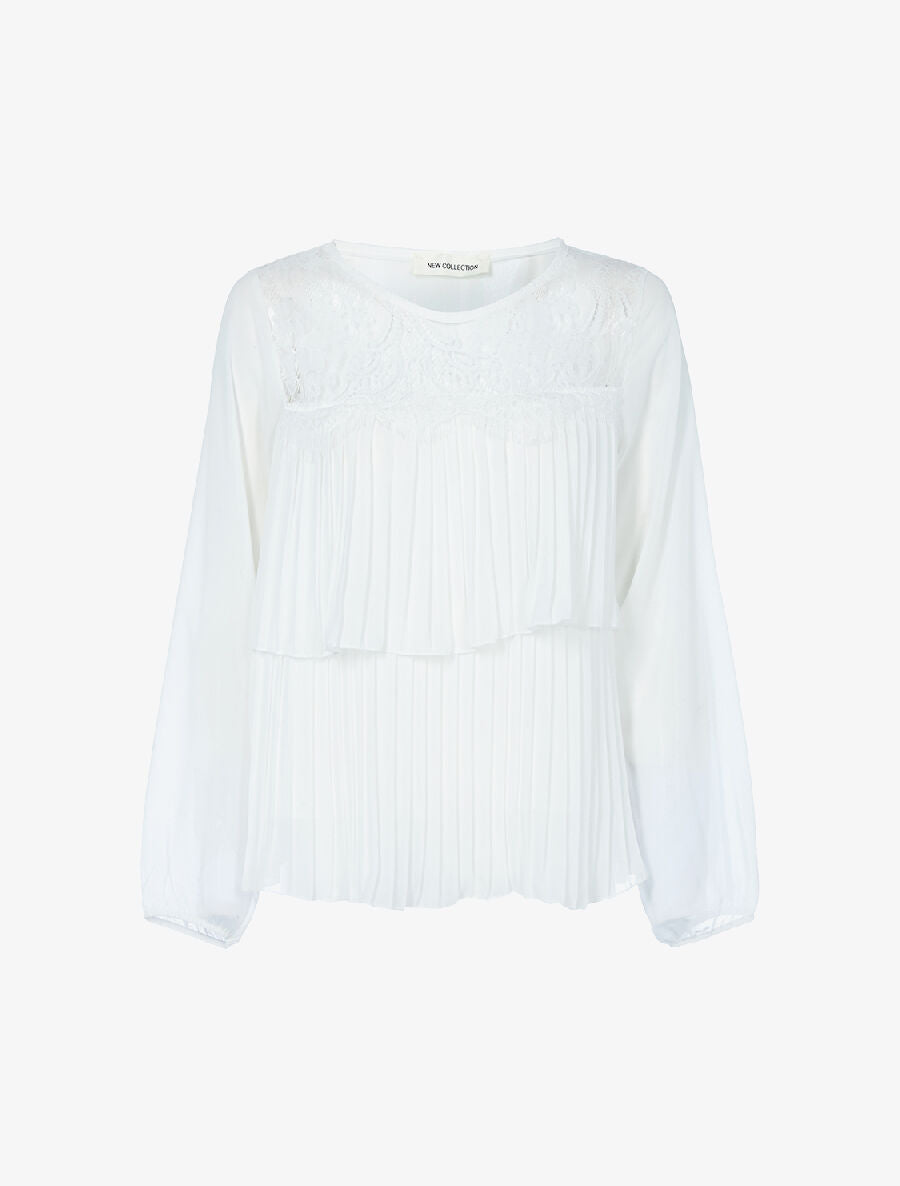Blouse à décolleté dentelle et avant gaufré - blanc - 1