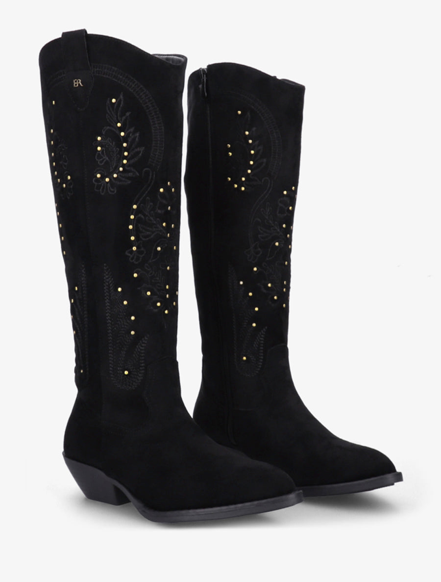 Bottes en suédine style santiags à clous - Noir - 4