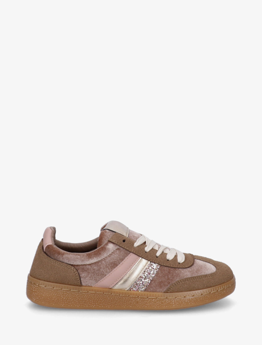 Sneakers à empiècement velours et semelle texturée - Marron - 1