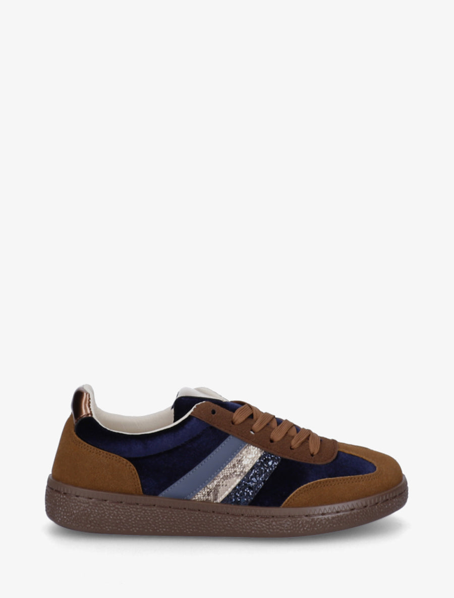 Sneakers à empiècement velours et semelle texturée - Marine - 1